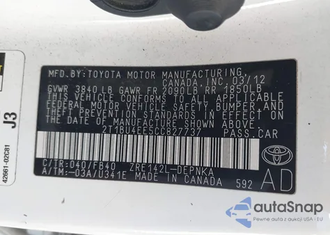 2012 Toyota Corolla Le from USA, damaged, VIN 2T1BU4EE5CC827737